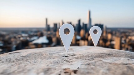 Poster - Map pins are positioned across a city skyline with a white area for text, showcasing technology in urban navigation