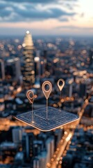 Poster - Map pins are positioned across a city skyline with a white area for text, showcasing technology in urban navigation