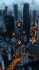 Poster - Map pins are positioned across a city skyline with a white area for text, showcasing technology in urban navigation