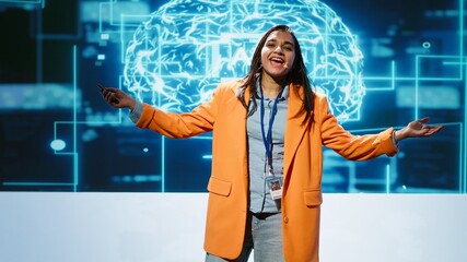 Poster - Speaker talking with world leading technology experts and innovators meeting at event to do deep dive into artificial intelligence technology. Expert showcasing latest innovations in AI, camera A