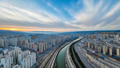 Baoji old city panorama, aerial view of urban scenery.