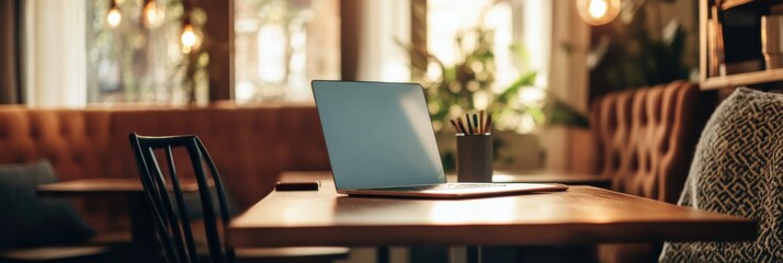 Poster - A cozy café features a laptop placed on a wooden table beside a plant, creating an inviting atmosphere for work or relaxation. Generative AI
