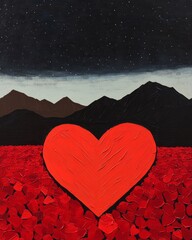 Canvas Print - A vibrant heart shape amidst a field of red petals and mountains.