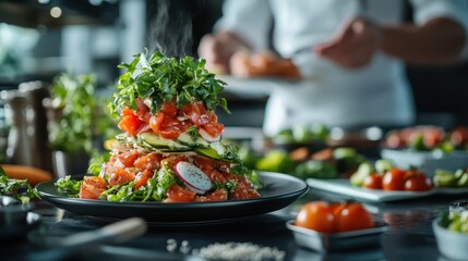 A gourmet dish featuring layers of fresh greens, ripe tomatoes, cucumber, radish, and savory salmon, visually appealing and vibrant in a gourmet kitchen setting.