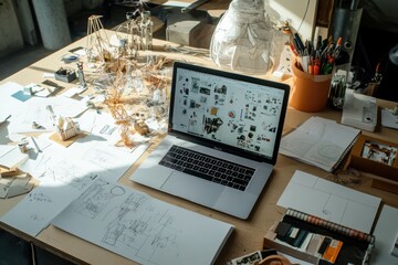 Aufkleber - This workspace features a laptop, sketches, and design materials, illuminated by natural sunlight, creating a vibrant atmosphere for creativity. Generative AI