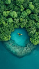 Canvas Print - A vibrant parrot flying over lush green trees and clear blue water.