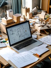 Aufkleber - A laptop shows design sketches while sketches and cardboard models clutter the table in a bright workspace during daytime. Generative AI
