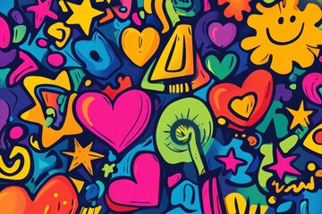 Poster - This artwork features an explosion of colorful doodles including stars, hearts, and flowers, showcasing vibrant artistic expression. Generative AI