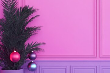 Poster - A vibrant pink wall with a decorative plant and colorful ornaments.