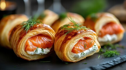 A gourmet pastry filled with smoked salmon, cream cheese, and fresh dill is beautifully presented on a slate board. An exquisite example of culinary craftsmanship.