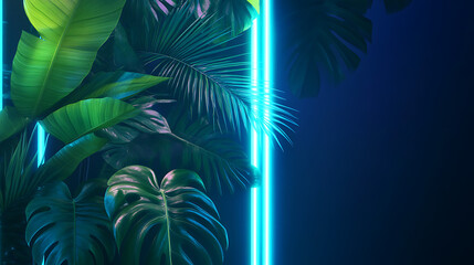 Aufkleber - Green and Blue Neon Light with Tropical Leaves