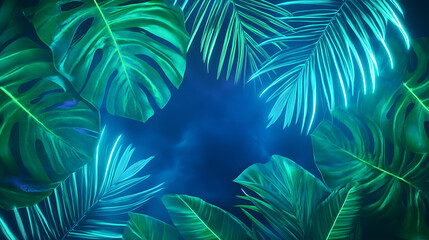 Poster - Green and Blue Neon Light with Tropical Leaves