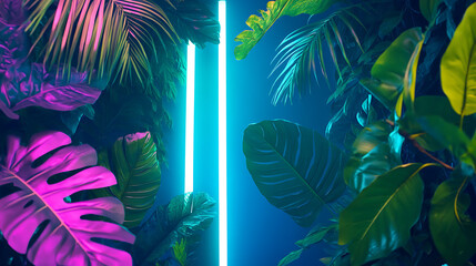 Poster - Green and Blue Neon Light with Tropical Leaves