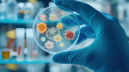 Poster - A gloved hand inspects a petri dish filled with vibrant microorganisms in a laboratory, showcasing scientific discovery and research. Generative AI