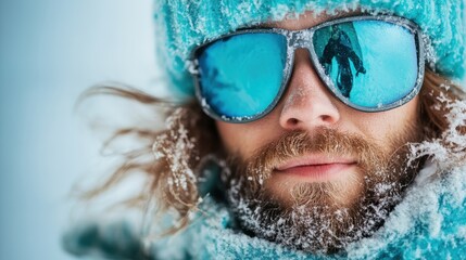 A close-up of a man wearing winter gear, frosted glasses, and a blue hat, with snowflakes clinging to his beard, epitomizing resilience in harsh weather.