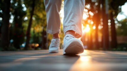 A person in casual attire takes a leisurely walk down a sunny path, surrounded by the lush greenery of a peaceful park basking in the afternoon light.