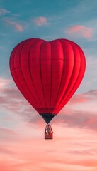 Sticker - A vibrant red hot air balloon shaped like a heart floats in a colorful sky.