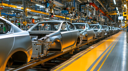 Poster - Mass production assembly line of modern cars in a busy factory