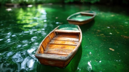 Two small wooden boats gently float on vibrant green water, creating a tranquil and surreal scene with water reflections and a serene natural background.