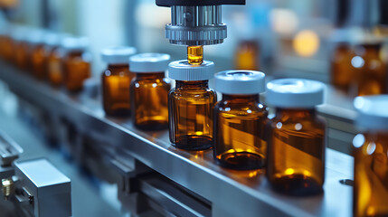 Poster - Medical vials on production line at pharmaceutical factory Pharmaceutical machine working pharmaceutical glass bottles production line