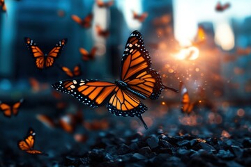 A vibrant monarch butterfly flies under the backdrop of a cityscape lit by a brilliant sunset, symbolizing freedom and beauty amidst urban life’s hustle and bustle.