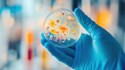 Fototapete - A lab technician in gloves examines a petri dish containing vibrant bacterial cultures, showcasing microbial growth and research. Generative AI