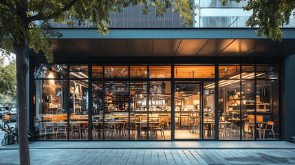 Aufkleber - Modern cafe exterior with glass windows showcasing interior through glass and outdoor seating 