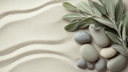 Aufkleber - Natural Harmony Sage Twig and Pebble Rocks on Sand Serene Botanical Background