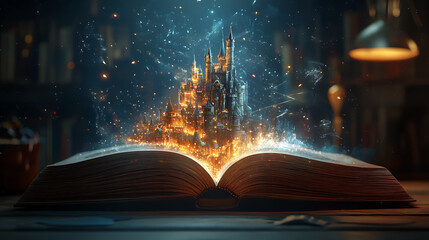 Poster - Open book with a fantasy world popping out A castle illustration over a book 