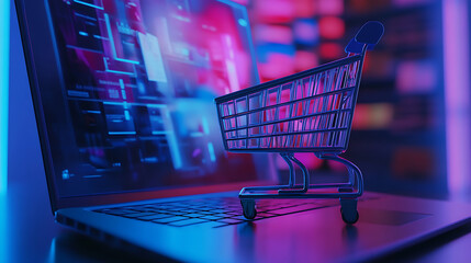 Poster - Online shopping concept with miniature shopping cart standing in front of laptop Illustration