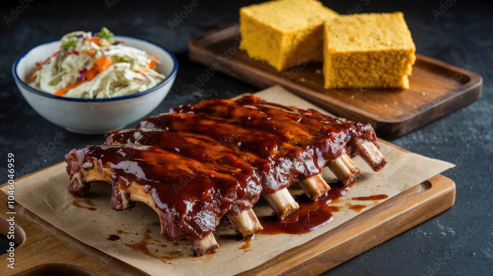 Ribs with barbecue sauce and cornbread on a wooden cutting board. The ...