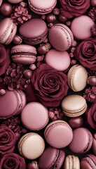 Poster - A visually appealing arrangement of macarons and roses in pink hues.