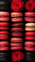 Poster - A visually appealing arrangement of colorful macarons and red roses.