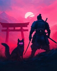 Poster - A warrior stands with a glowing-eyed wolf against a vibrant sunset.