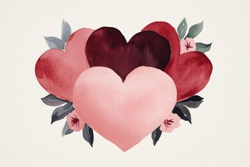 Wall Mural - A watercolor illustration of hearts surrounded by flowers.