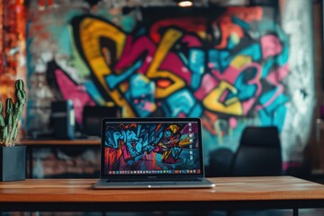 Aufkleber - A stylish laptop is placed on a wooden desk in a trendy office, surrounded by colorful graffiti, reflecting a dynamic work environment. Generative AI