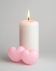 Wall Mural - A white candle with a flame surrounded by two pink heart-shaped objects.