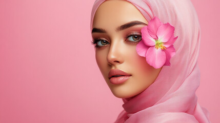 Beautiful young muslim woman with flowers and petals on her face. Beauty parlor horizontal banner concept, copyspace Light pink background.