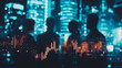 © Teeraphon - Group of business people silhouettes in modern office building and business network concept. Human resources with pastel innovation charts and graphs with statistics to analyze business