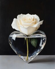 Wall Mural - A white rose in a heart-shaped vase filled with water against a dark background.