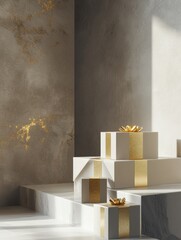 Aufkleber - Three beautifully designed geometric gift boxes are arranged on steps, illuminated by soft light that enhances their simplicity. Generative AI