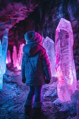 Canvas Print - A child explores a cave filled with glowing crystals. AI.