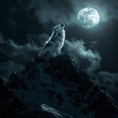 Sticker - A lone wolf howls at the moon from a mountain peak. AI.