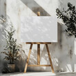 © VANDAM - photo of a mockup minimalist timber easel with blank canvas 24x18 inches horizontal canvas to display a beautiful welcome sign at an event Luxury feel