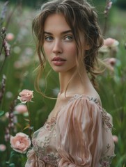 Canvas Print - A woman in a dress standing next to some flowers. AI.