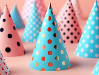 Colorful party hats with polka dots. AI.