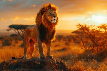 Canvas Print - A lion stands proudly on a rock as the sun sets. AI.