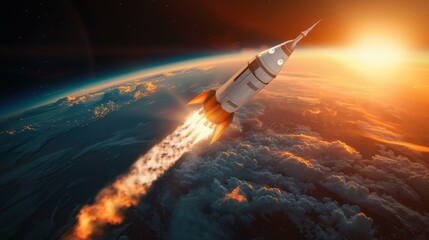 Wall Mural - a rocket blasts off into space with the earth in the background. ai.