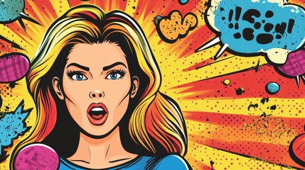 Poster - a surprised woman expresses shock with a mouth open, surrounded by colorful comic bubbles and explos