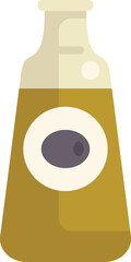 Poster - tall glass bottle is filled with golden olive oil, its label featuring a single black olive